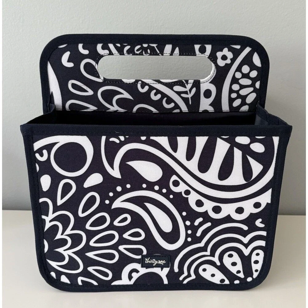 Thirty One Double Duty Caddy Navy Blue and White Paisley Mesh Pockets Top Handle